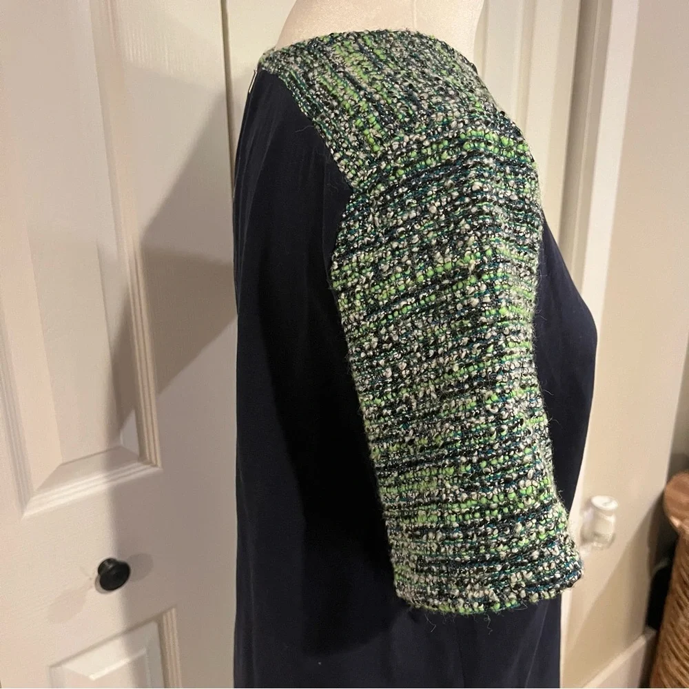 J.Crew Navy & Green Tweed Sleeve Top, Size M